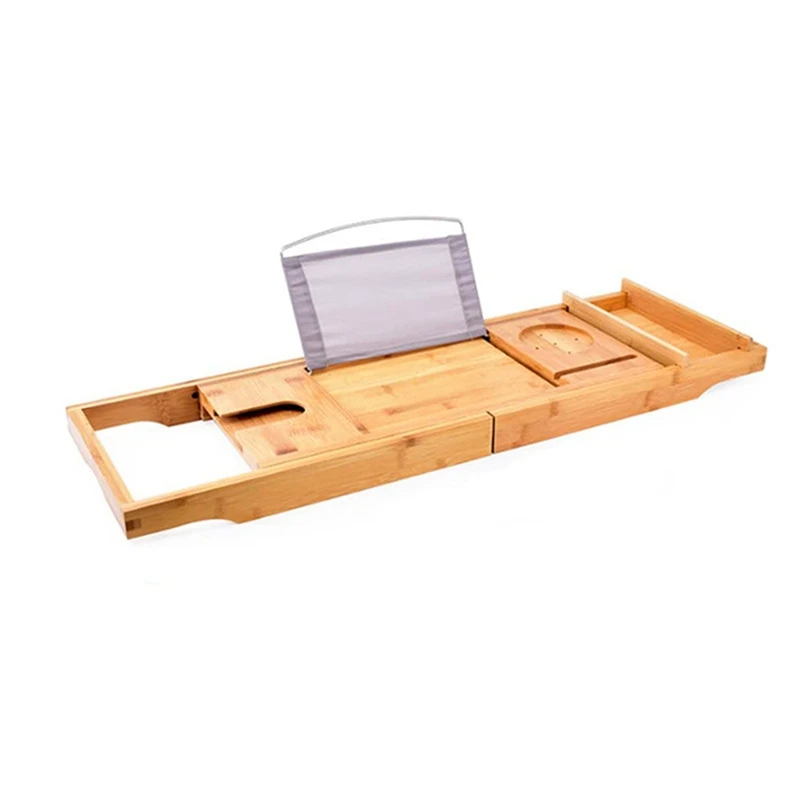 

1 PCS Bamboo Expandable Bathtub Caddy Tray Bathroom Organizer With Cellphone Tablet And Wine Book Holder