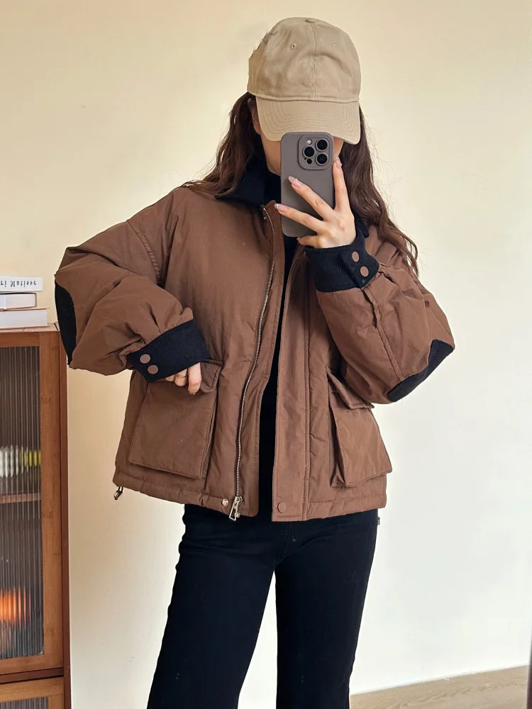 

New Winter Jackets for Women 90 White Duck Down Thickened Warm Short Down Jacket Contrast Corduroy Lapel Stitching Woman Coat