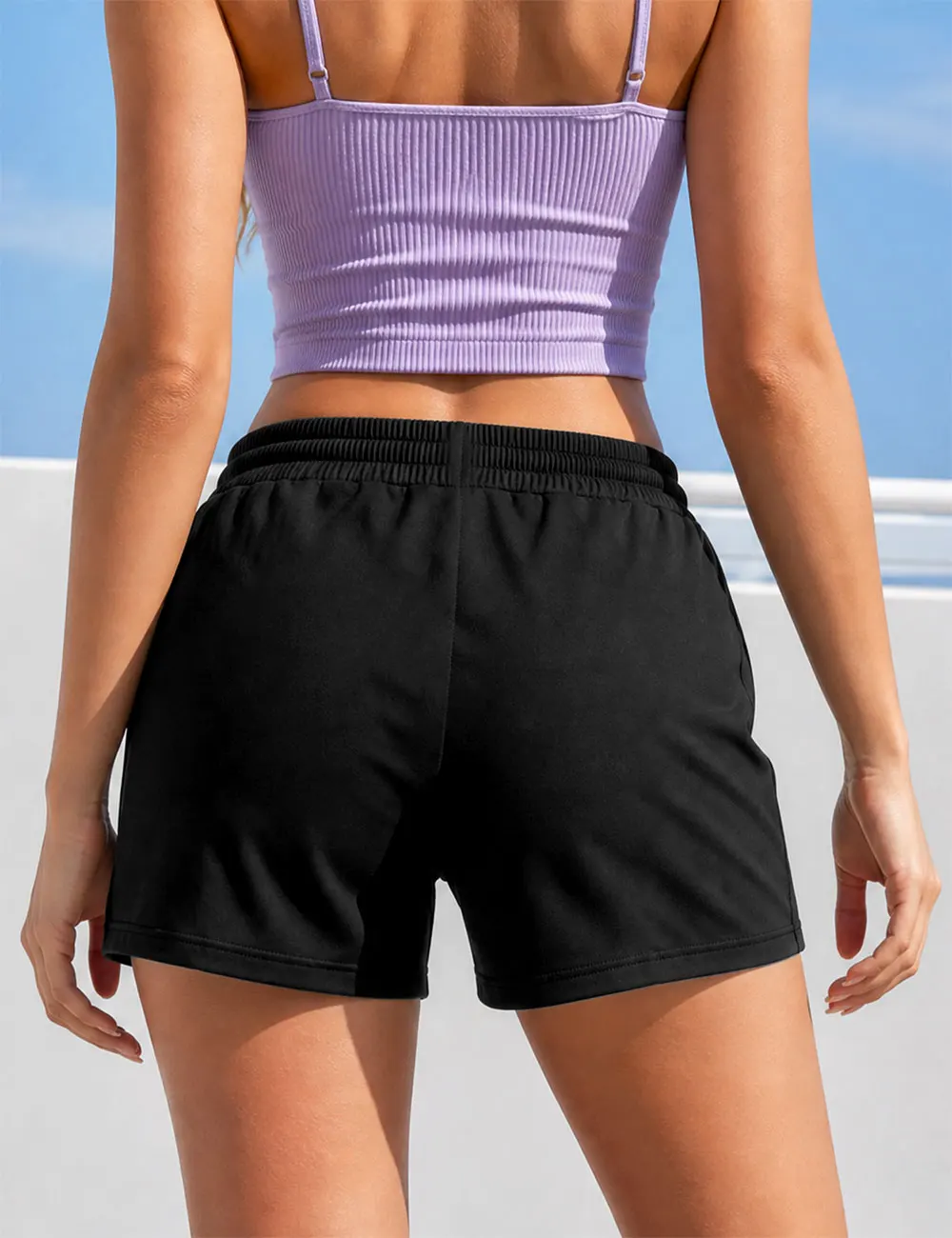 Schwarze, leichte Shorts für Damen mit Kordelzug und elastischem Bund, schnelltrocknend, atmungsaktiv, weich, ideal für den Alltag, Reisen und den Strand, mit Taschen. – Detail 2