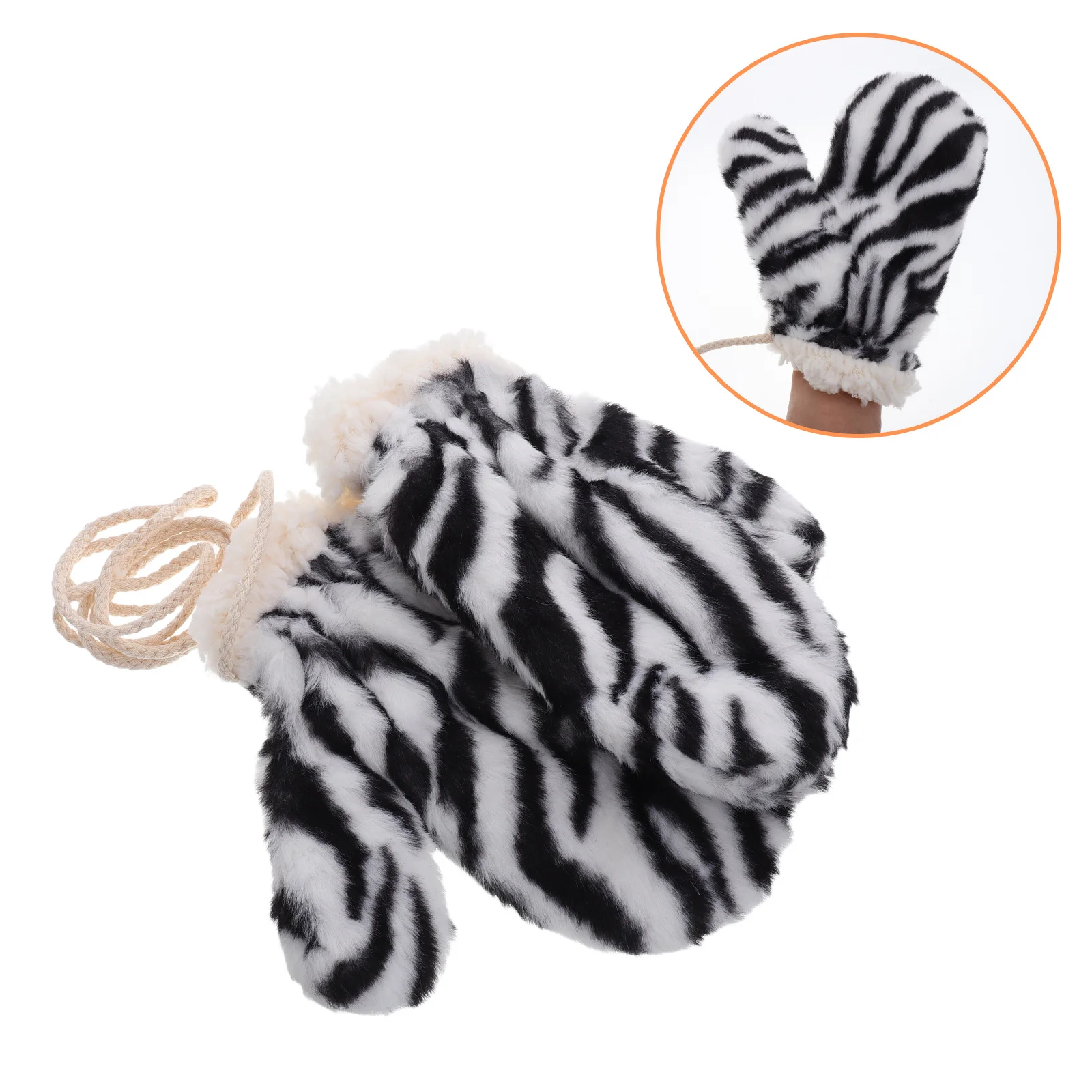 

1 Pair Zebra Print Mittens For Women Winter Warm Gloves With String Neck Hanging Design For Biking Driving Walking Traveling