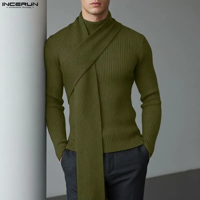 INCERUN Men Sweaters Solid Turtleneck Long Sleeve Knitted Male Pullovers With Scarf Streetwear Spring 2026 Fashion Men Clothing