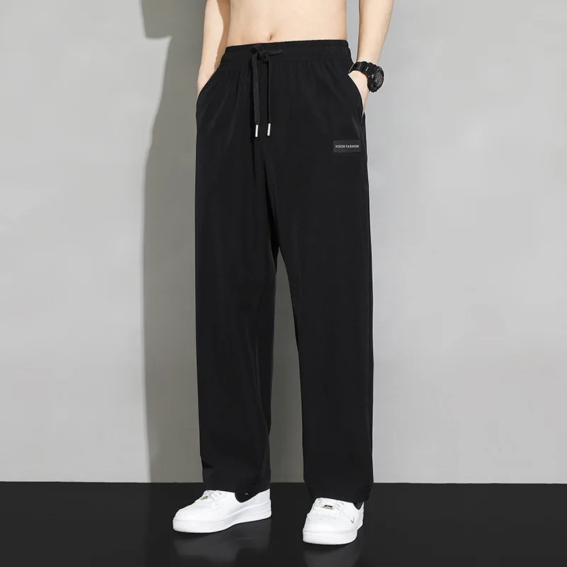 Ice Silk Straight Leg Pants Men's Summer Thin Qui Dry Loose Summer Drape Wide Leg Sports Casual Pants Polyester Fiber