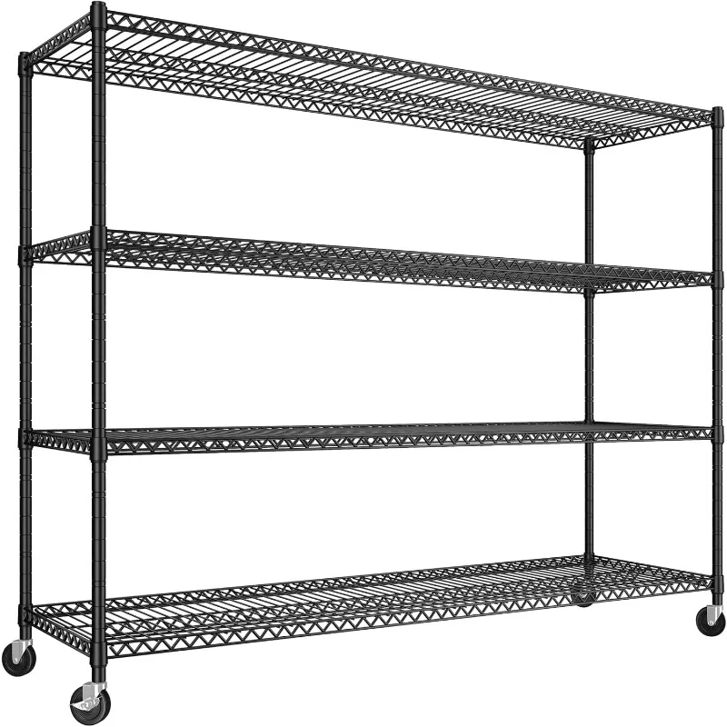 60''W Storage Shelves, 4 Tier Steel Wire Shelving Unit on Wheels, 2500LBS Adjustable Metal Shelves for Kitchen, Pantry, Office