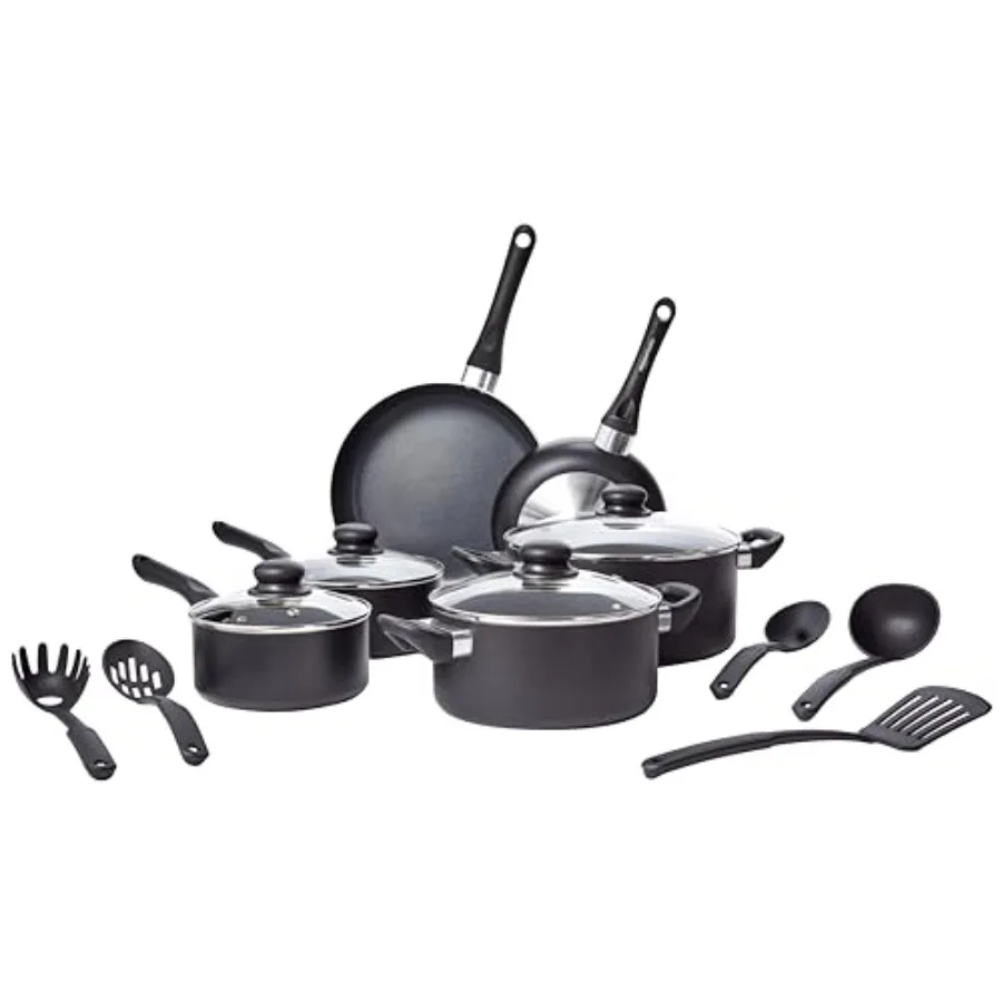 

Non Stick Kitchen Cookware 15-Piece Set Non-Induction Includes Pots Pans and Utensils Black