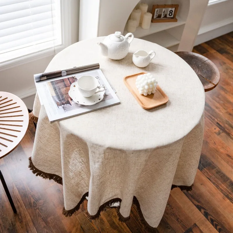 Polyester and Linen Solid Color Tablecloth, Khaki Tassel, American Country Household Rectangular