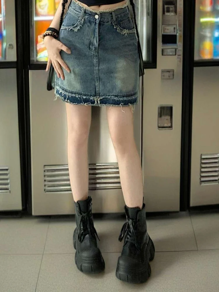 

Ins Women High Waist Mini Wrapped Hips Shorts Skirt American Retro Streetwear Lady Blue Raw Edge Nightclub A Line Denim Dress