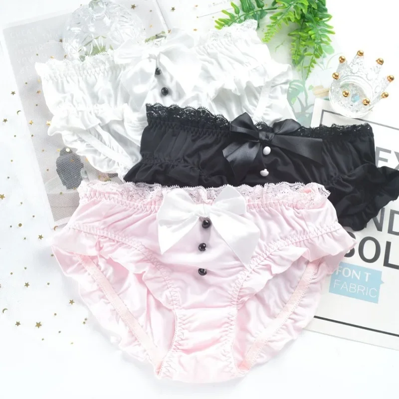 

Lolita Princess Style Milk Silk Bow Cute Lovely Sweety Women Underwear Lace Ruffle Button Breathable Stretch Panties Soft Breifs