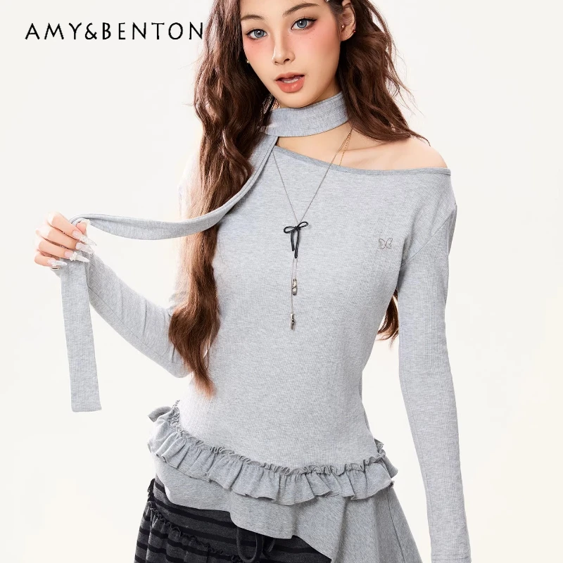 

2026 Spring New Arrival Irregular Hem Long Sleeve Women's T-Shirt Original Design Gentle Neckline Age-Reducing Sweet Top Ladies