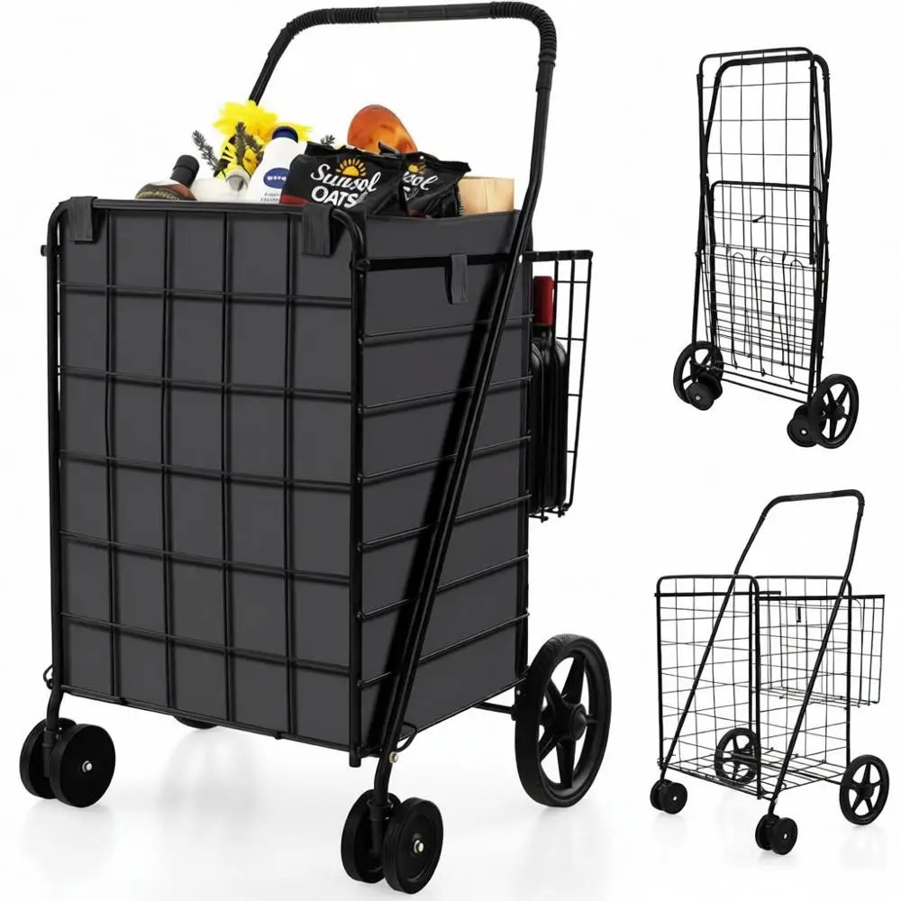 

Metal Grocery Cart, Extra Basket, 360° Swiveling Front Wheels, Comfortable Handle, Lightweight Collapsible Utility Cart, Laundry