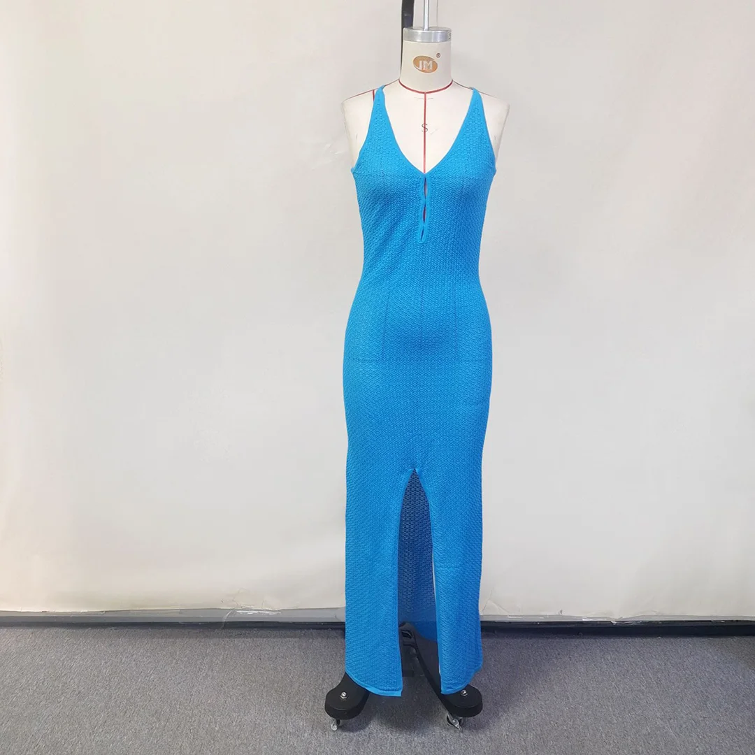 V-Ausschnitt, überkreuzter Rücken, hoch geschnittenes, gehäkeltes, gestricktes Tunika-Strandkleid, Strandmode, Strandbekleidung, Strand-Cover-up, Damen V6258 – Detail 14