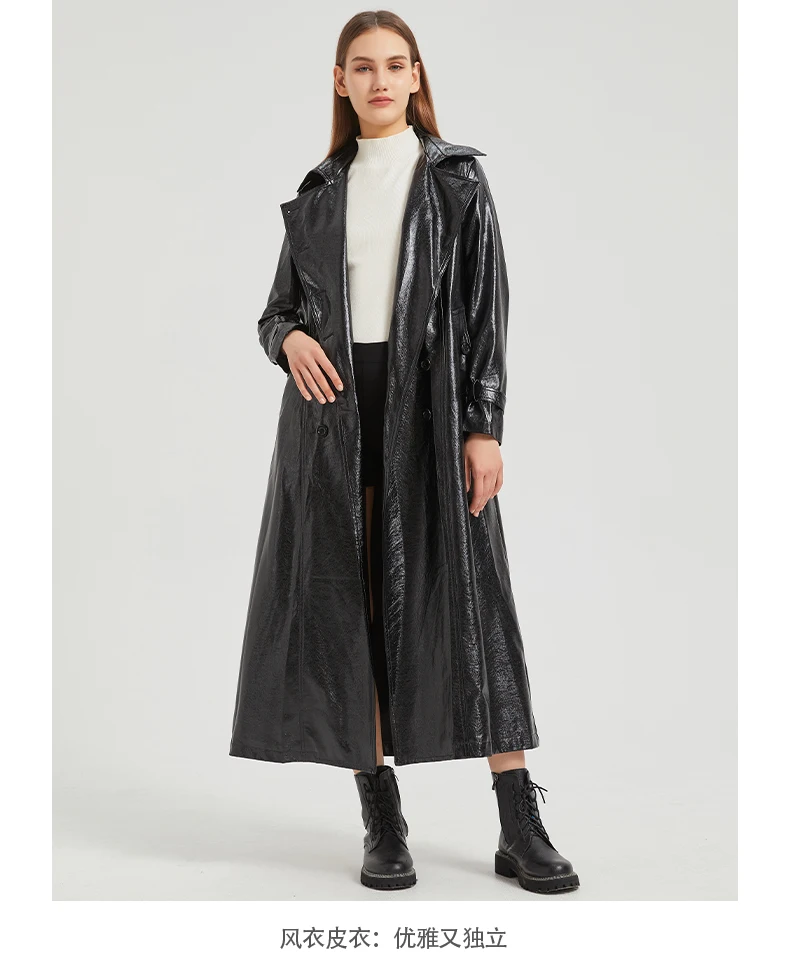 Lautaro Spring Autumn Extra Long Gold Shiny Pu Leather Trench Coat for Women Sashes Double Breasted Luxury Europe Fashion 2024