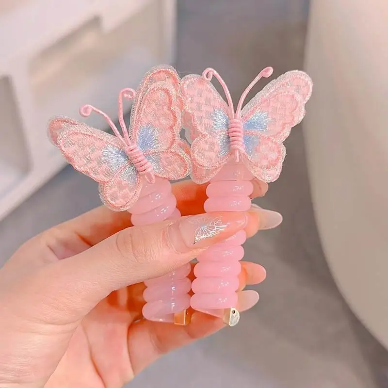 2PC Embroidered Butterfly Telephone Wire Line Hair Ties Girls Ponytail Holder Rubber Band Elastic Hair Band DIY Hair Accessories image 3