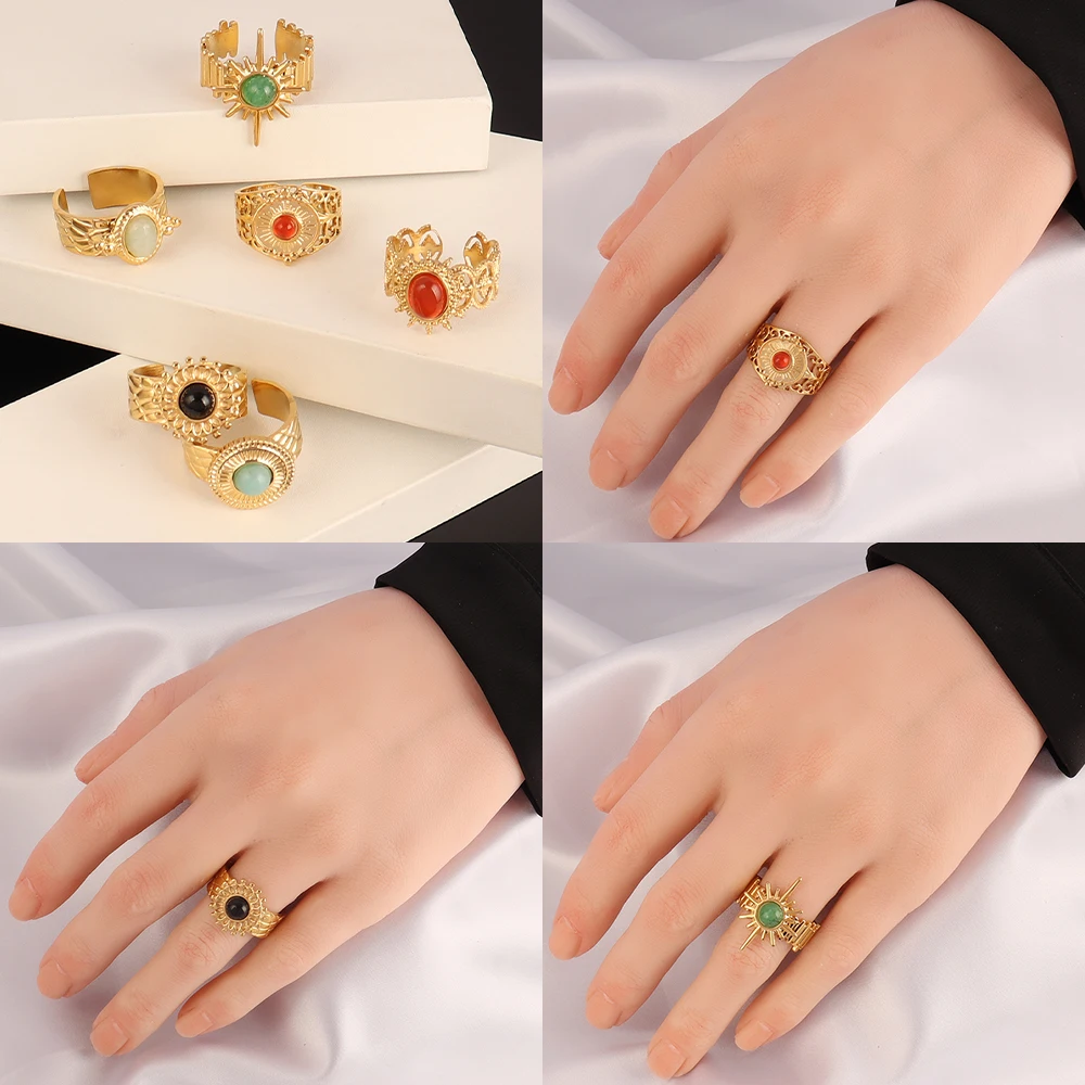Vintage Geometry Colorful Stone Natural Ring Stainless Steel Ring Turquoise Charms Wide Chain Open Rings For Women Ring Jewelry