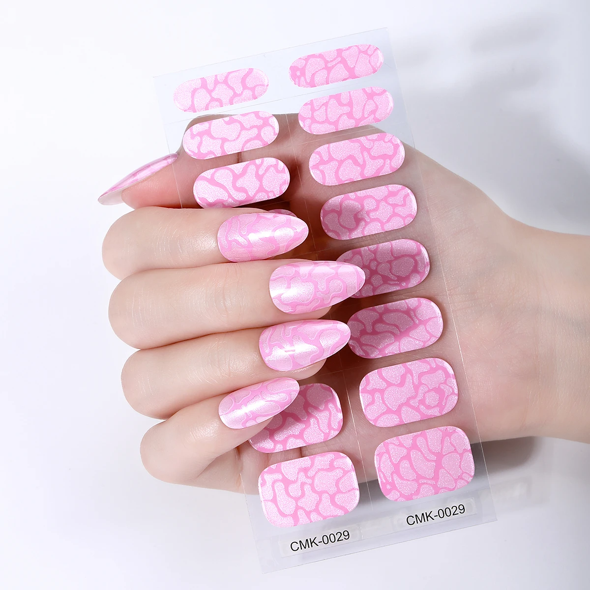 16Tips Full Cover Gel Nail Sticker Pearlescent Pink Wave Pattern Gel Nail Art Stickers Press on Nails for Manicure Decoration