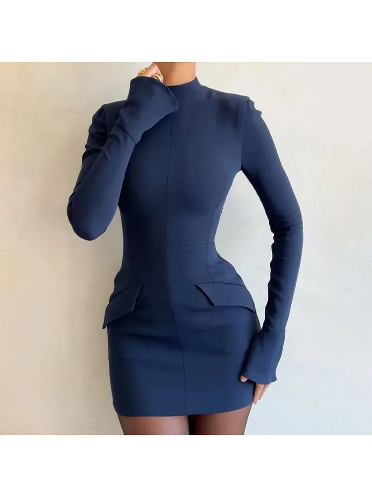 Sexy Mini Dress For Women Autumn Winter New Long Sleeve Bodycon Club Party Dress Elegant Two Pocket