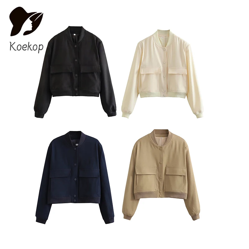 Koekop 2024 Fashion Long Sleeve Crop Outerwear Woman Bomber Jacket White Autumn Winter Button Cropped Jackets for Women