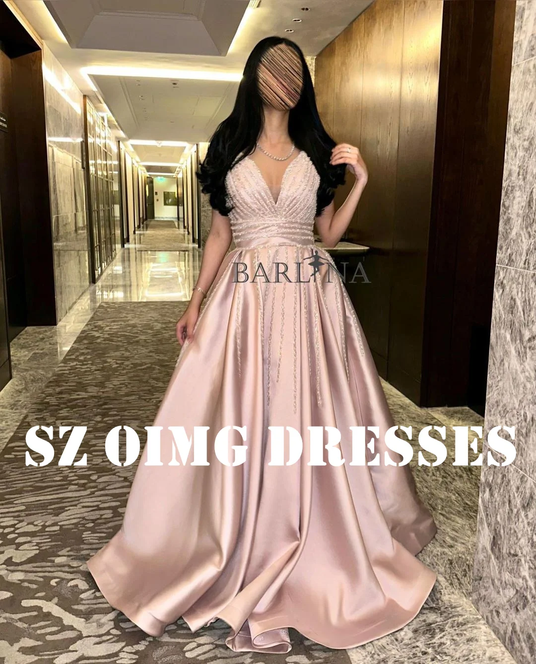 

OIMG New Design Beads Prom Dresses Arabic Women Ruched Satin Sleeveless Spaghetti Straps Pink Evening Gowns Formal Party Dress