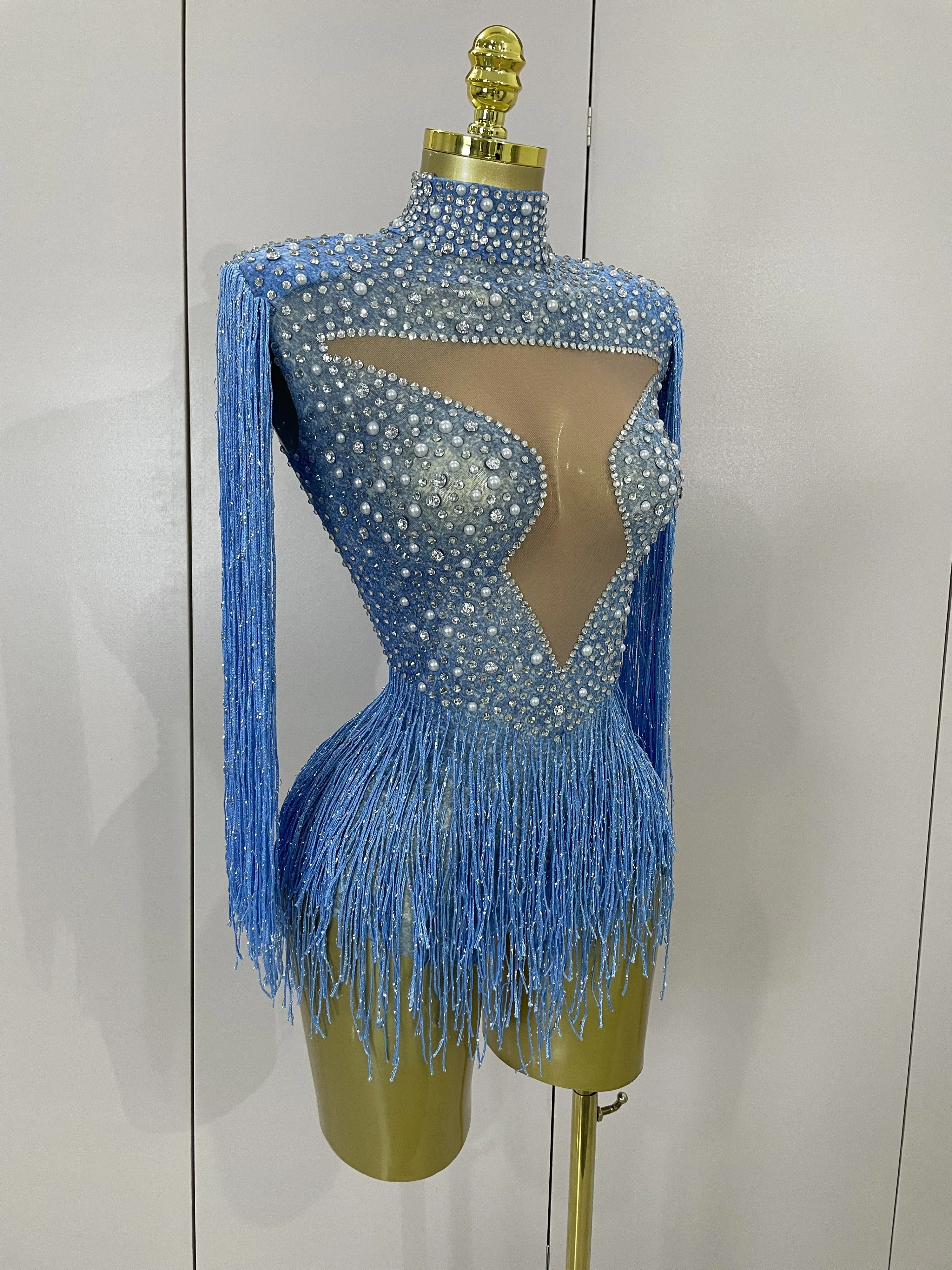 Luxury Sparkly Rhinestone Tassel Mesh Strech Bodysuit Evening Celebrate Birthday Party Nightclub Dance Performance Stage Costume