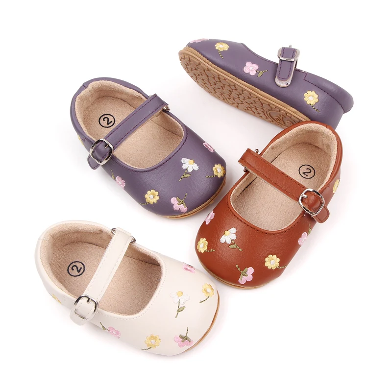 Bebê meninas sapatos mary jane apartamentos de couro do plutônio infantil vestido sapatos floral bordado princesa sapatos berço macio primeiro prewalker marrom