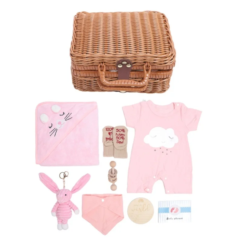 Baby Shower Gifts Basket Including Clothes Cute Doll Wooden Rattle Toy Funny Bibs Socks Greeting Card Newborn Baby Gifts Set