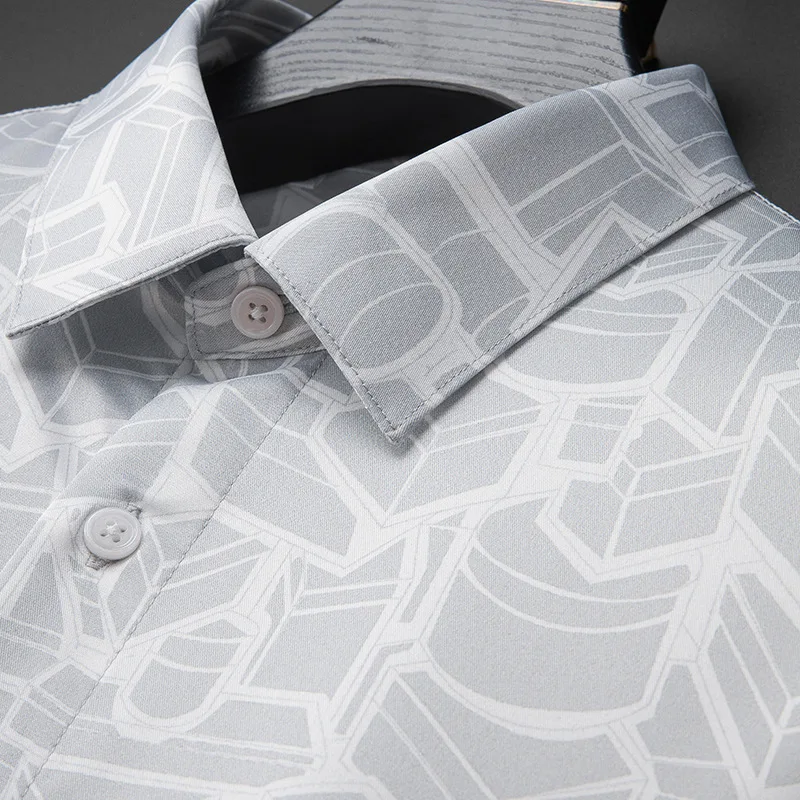 High End Silk Geometric Printed Men\'s Shirt Non Ironing Long Sleeved Casual Business Dress Shirt Social Banquet Streetwear Tops