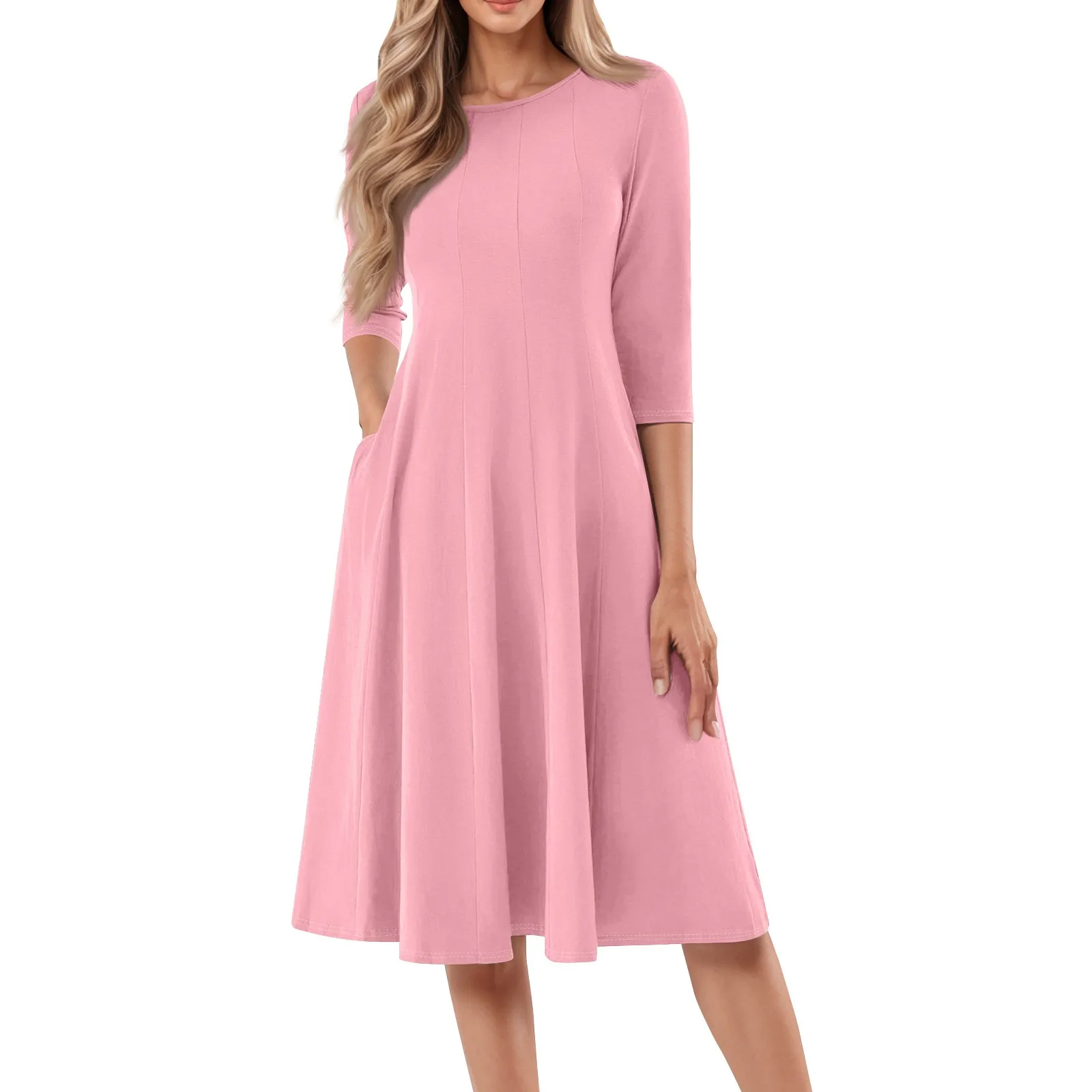 Long Sleeve T Shirt Dresses For Women Pockets Casual Loose Swing Dress Woman Casual Solid Color O-neck Long Sleeves Dress Robe