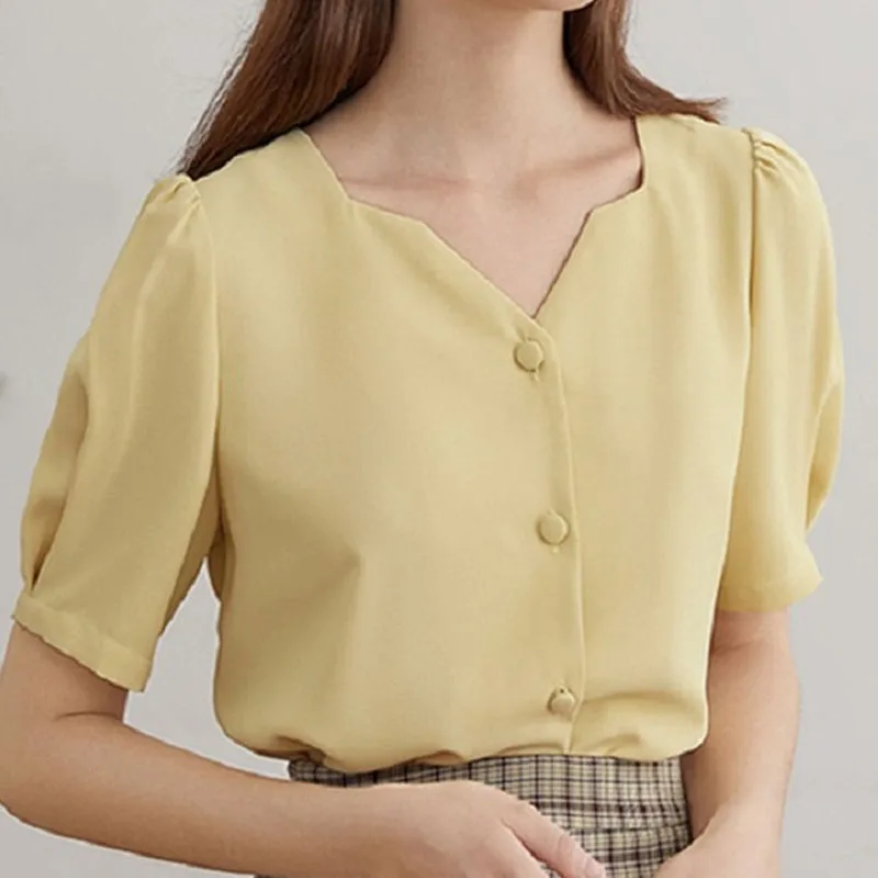 2022 New Summer French Square Neck Bubble Short Sleeve Chiffon Blouse Women\'s White Shirt Vintage Tops Solid Blusas Yellow 2815