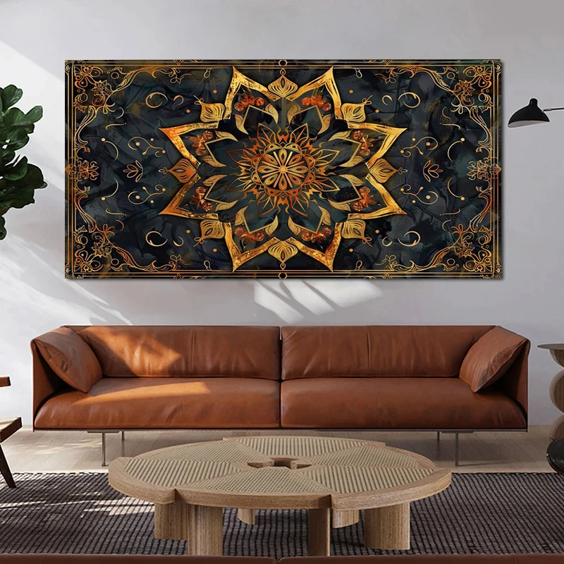 Modern Luxury Mandala Print Canvas Painting, Black Gold Mystery Mandala Tarot Wall Art, For Living Room Study Decor, No Frame