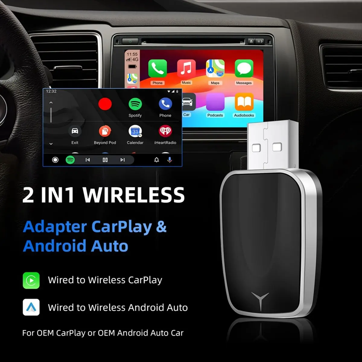 Top Sale Wired to Wireless Carplay & Android Auto Wireless Adapter USB Plug and Play 2 in 1 Dongle for Wired Carplay Auto Car