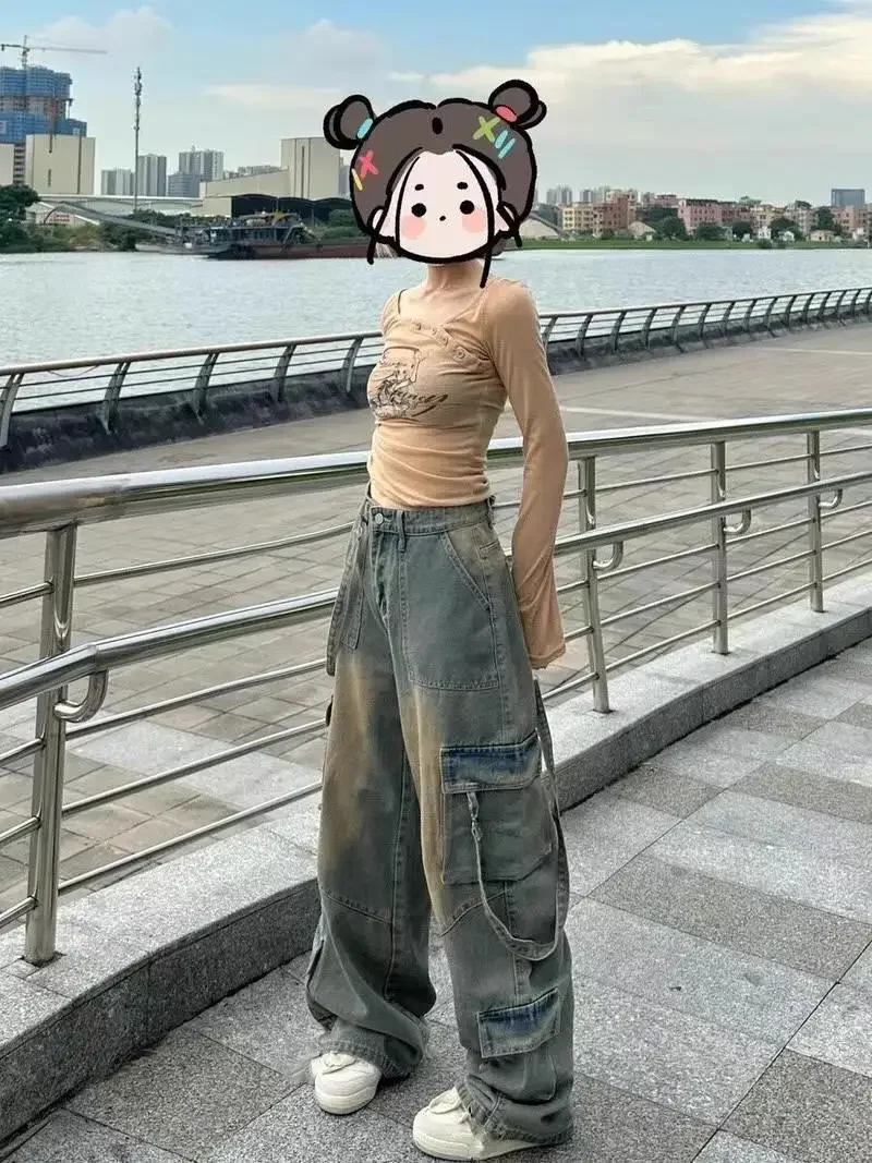 Jeans cargo larghi retrò americani da donna a vita alta tasche multiple pantaloni in denim vintage streetwear pantaloni larghi a gamba larga