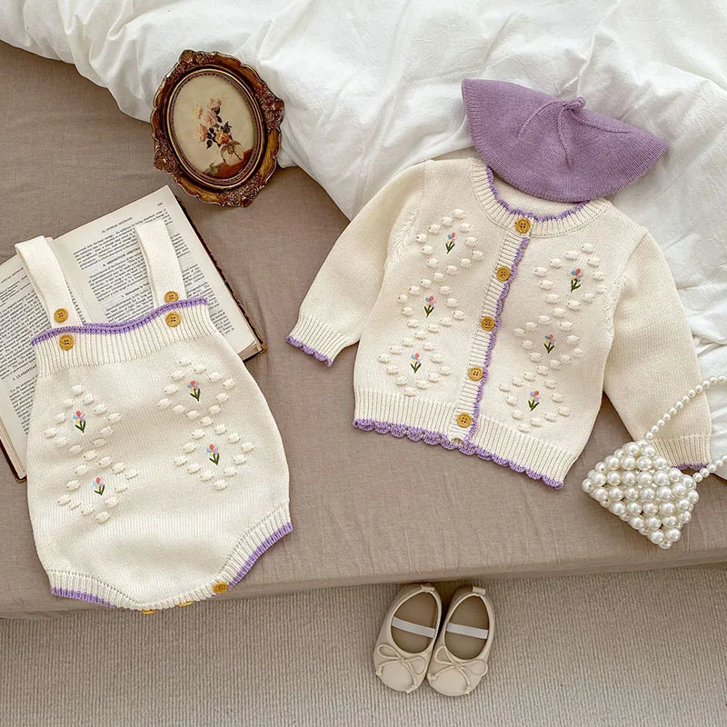 Autumn Spring Infant Baby Girl Knitting Clothes Set Long Sleeved Floral Embroidery Cardigan+Jumpsuit Newborn Baby Clothing Suit