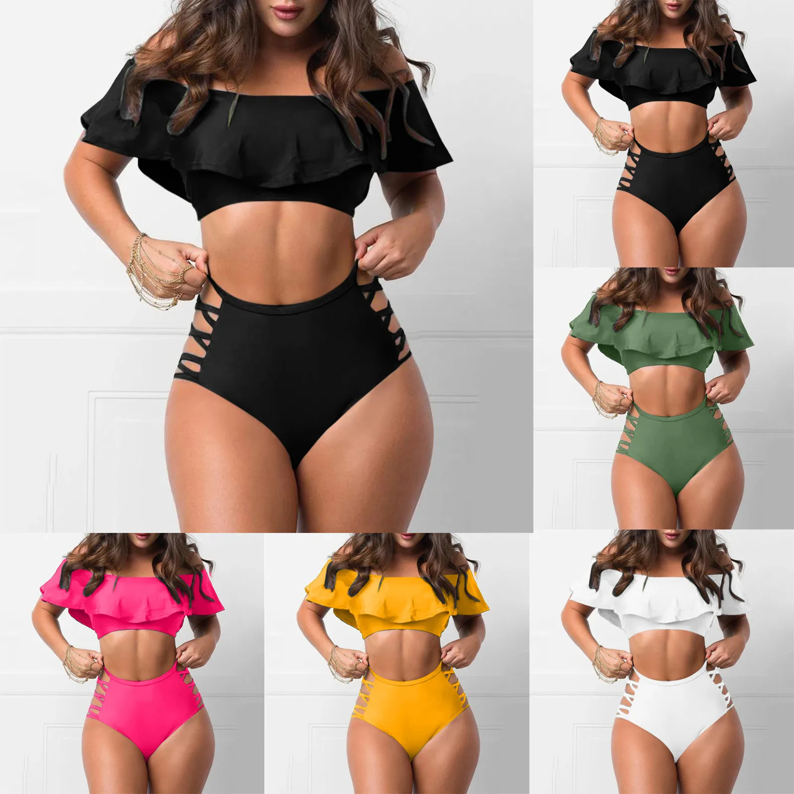 Conjunto de Bikini con volantes para mujer, bañador Sexy, ropa de playa de cintura alta, traje de baño de dos piezas