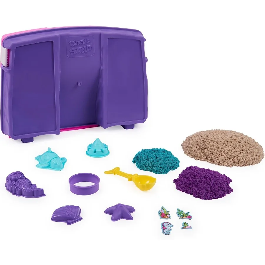 Ensemble de jeu de palais de sirène avec 2,06 lb, sable néon violet scintillant, sarcelle et outils de plage et bac à sable pliant, jouets sensoriels pour
