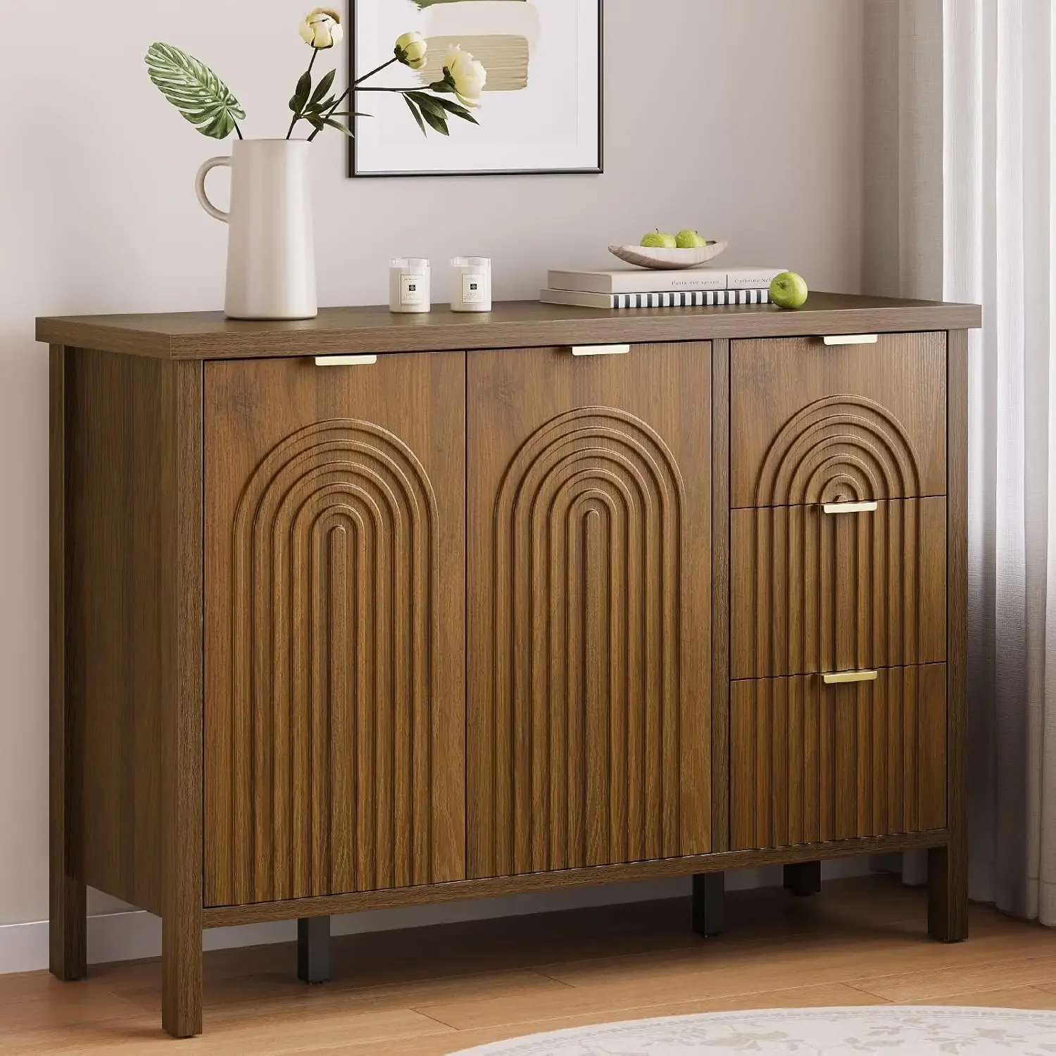 

Sideboard Buffet Cabinet with Storage - Fluted Accent Coffee Bar Cabinets Kitchen Credenza with Drawers & Doors, Wood Console Si
