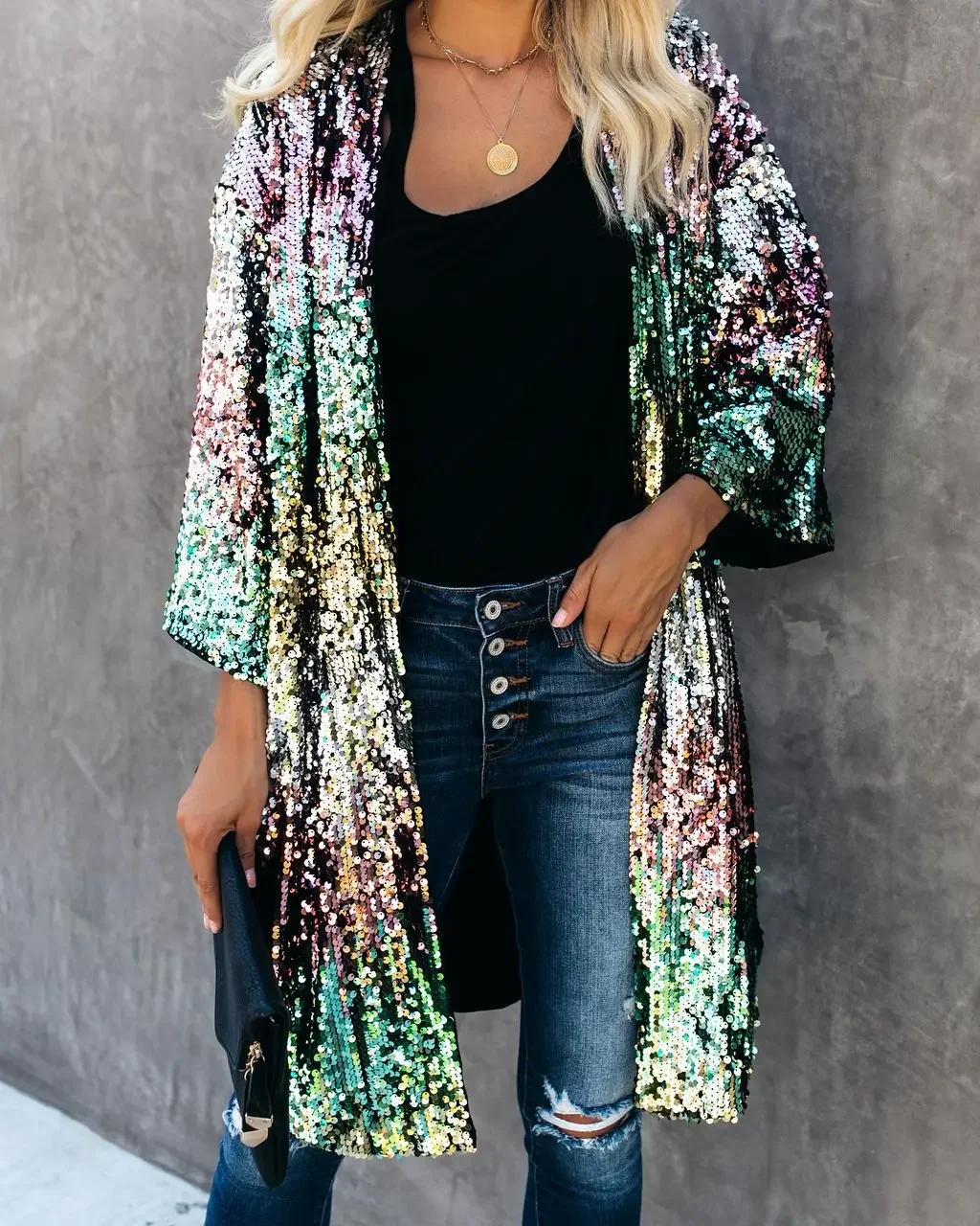 Summer Coloful Open Sparkling Sequined Long Coats Womens Cardigan Tops 2024 Spring Woman Jacket