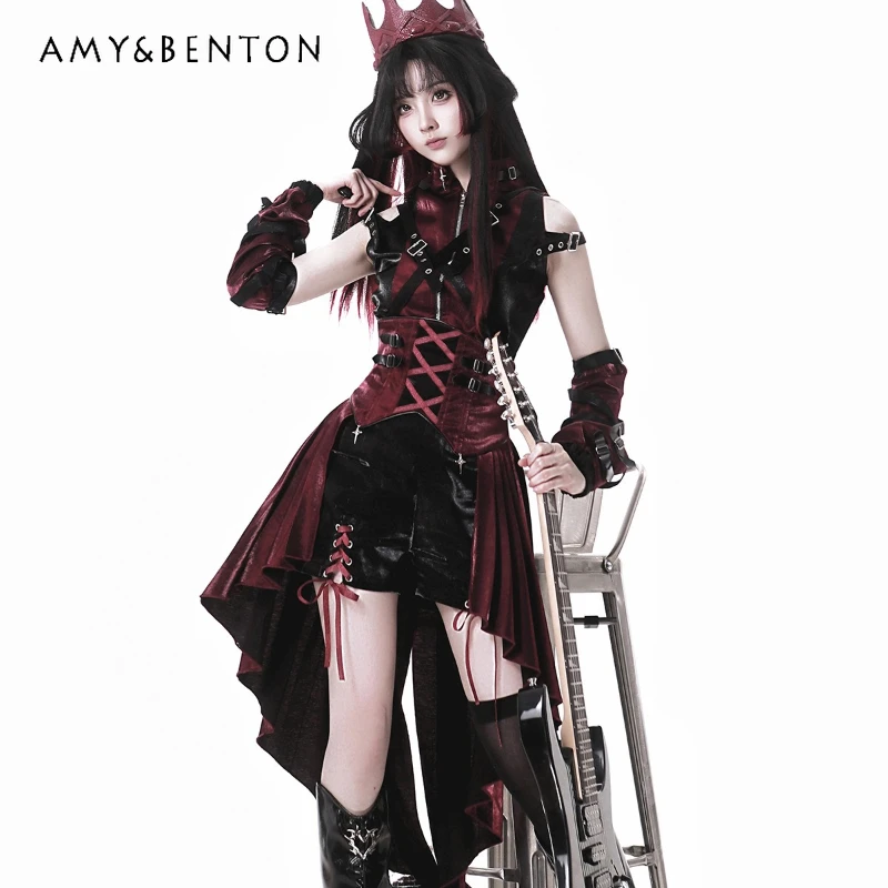 

Original Design 2025 New Black Red Lolita Sleeveless Women's Top Punk Dark Gothic Style Sweet Cool Sexy Strap Dress Set Ladies