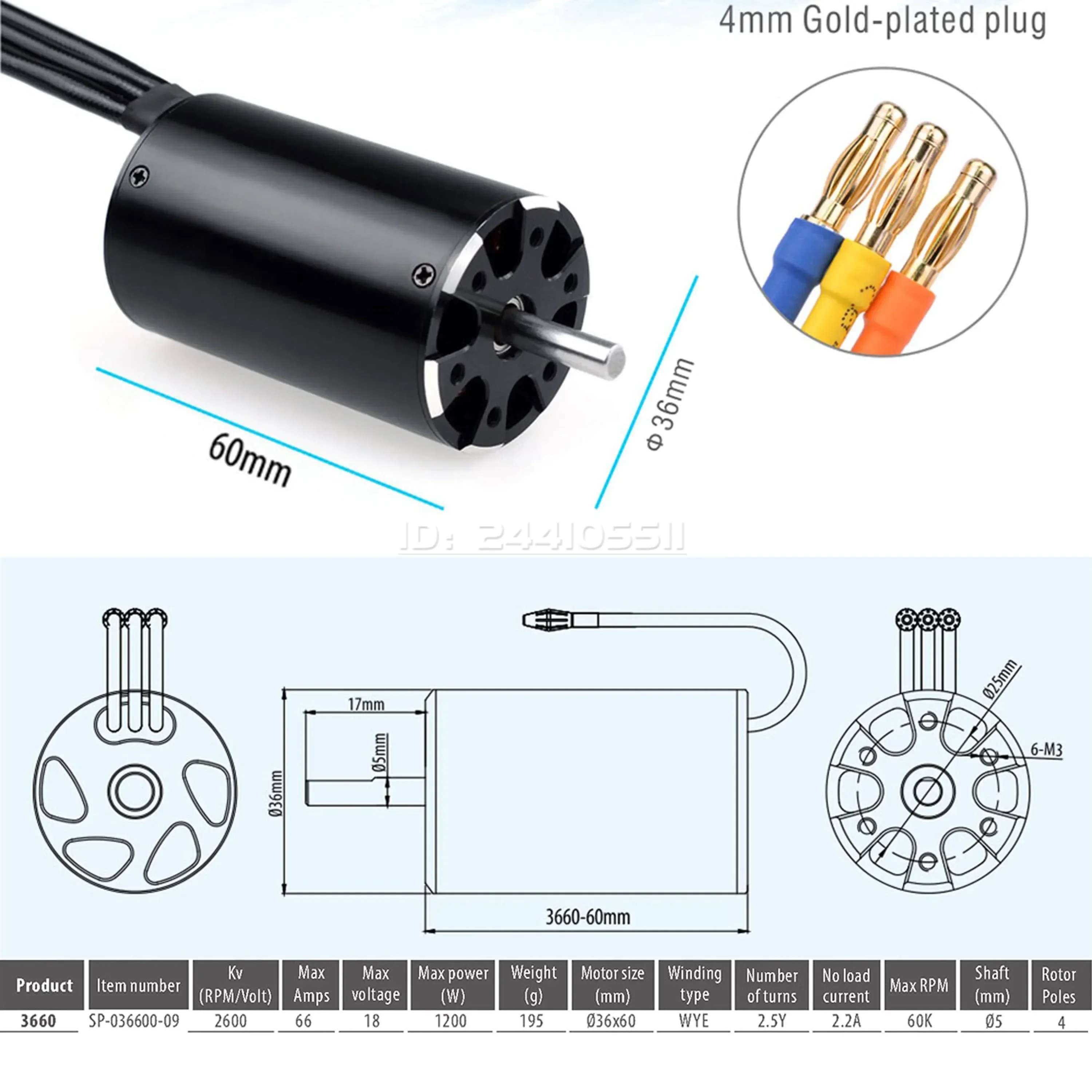 Rocket-RC 3660 2600KV 3250KV Waterdichte Sensorloze Borstelloze Motor 5mm As Waterkoeling Jas voor 800-1000mm RC Boot Feilun