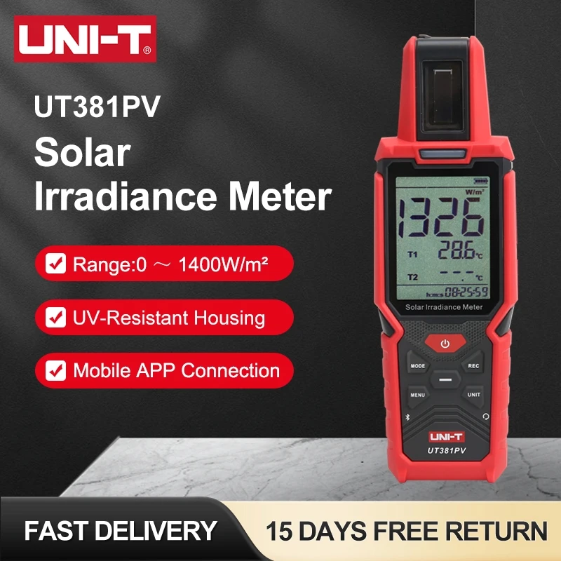 UNI-T UT381PV Irradiance Meter Inclination and Azimuth Measurement Temperature Tester with Bluetooth APP IP65 Data Storage