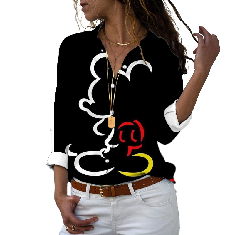 Camisa casual Mickey Minnie feminina, Harajuku, ajuste fino, impressa em 3D, manga comprida, botão, lapela, fofo, novo, outono, Y2K, 2024