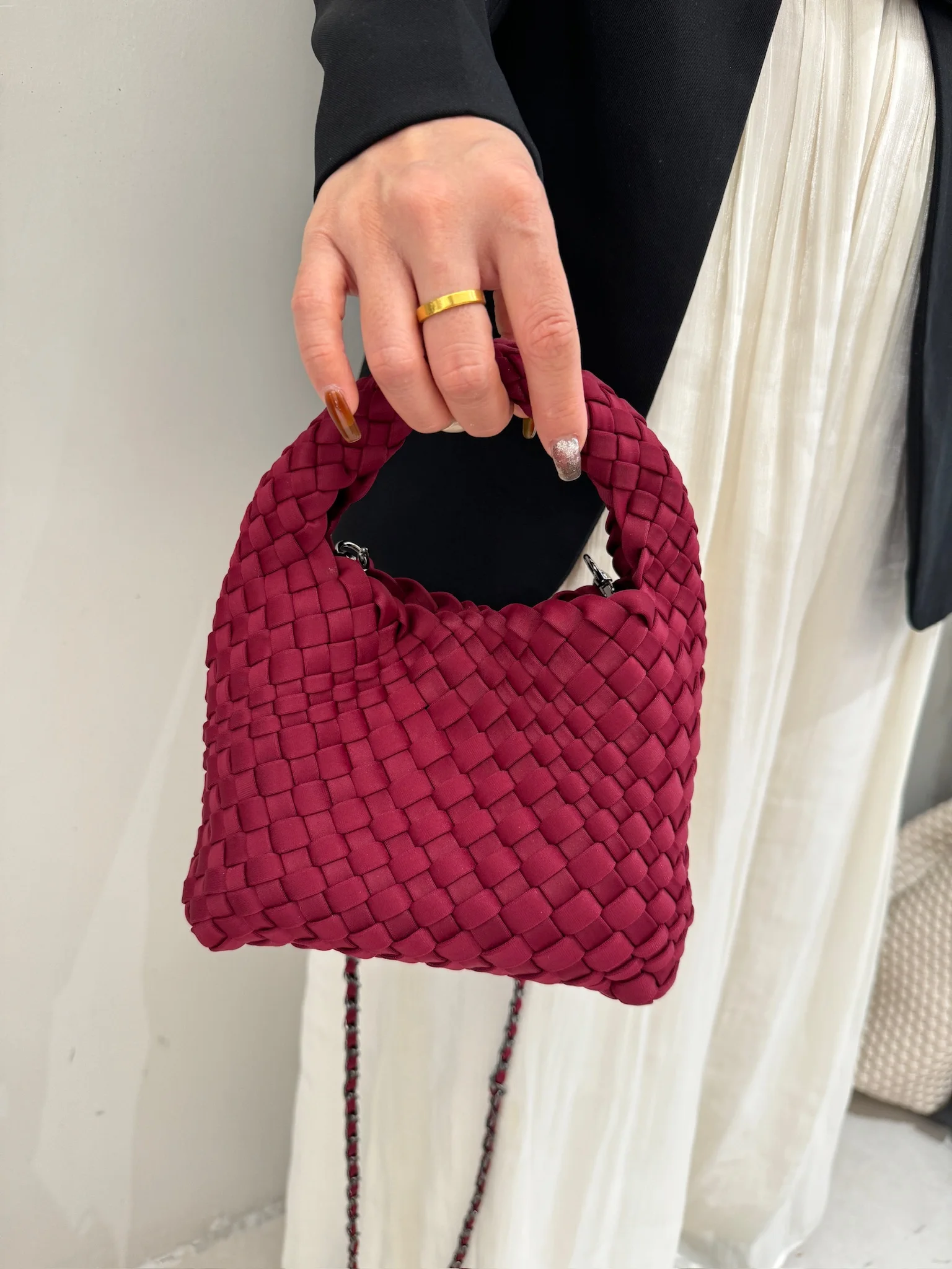 Crossbody bag women Small size underarm bucket bag Nylon soft smooth pure hand woven bag Hot product Ancola red handbag