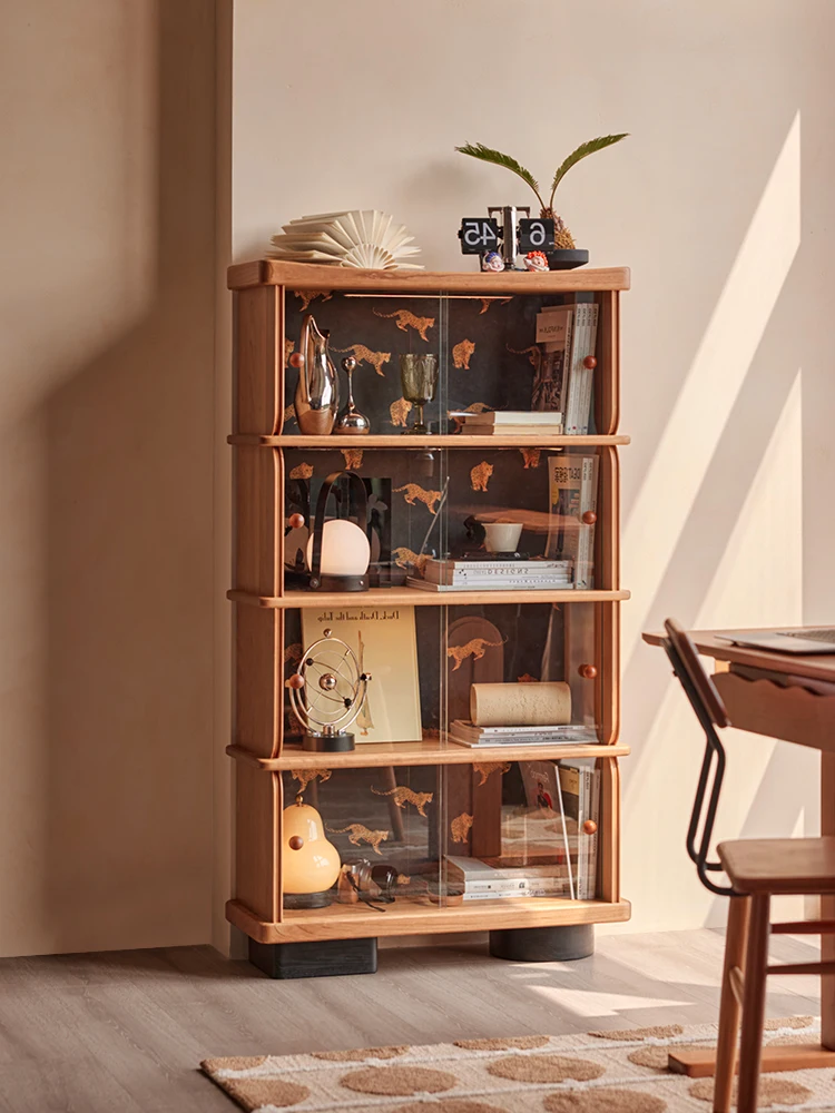 

Cherry wood retro display bookcase, home bookshelf, solid wood locker, figure storage cabinet, figure storage cabinet