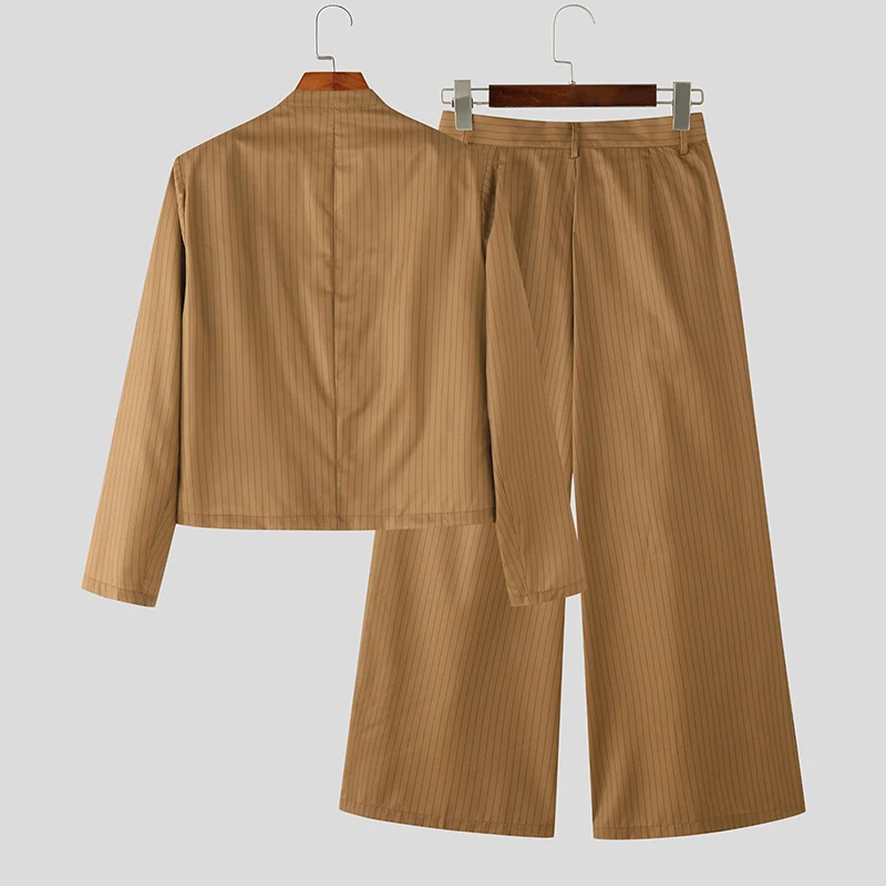 INCERUN الرجال مخطط مجموعات أنيقة الشارع الشهير الخامس الرقبة طويلة الأكمام المحاصيل السترة والسراويل قطعتين مجموعات موضة الدعاوى الرجالية غير رسمية