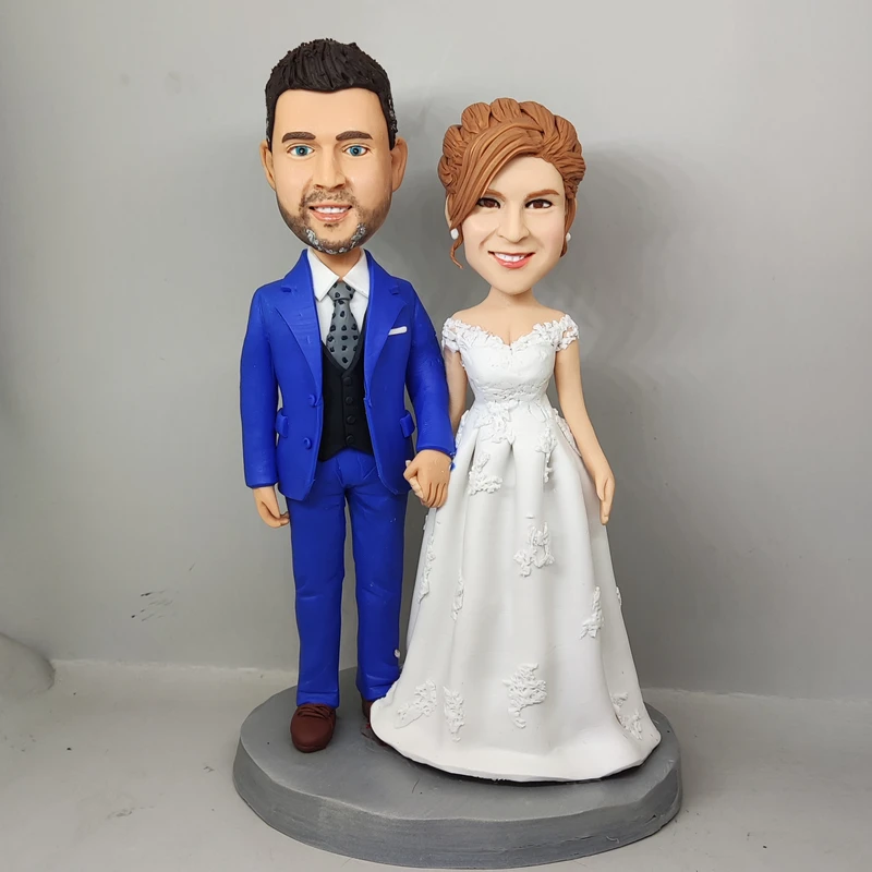 

FR428 Custom Wedding Dolls Handmade Bride White Dress Groom Blue Suits Couples Figures Friend Anniversary Wedding Gift