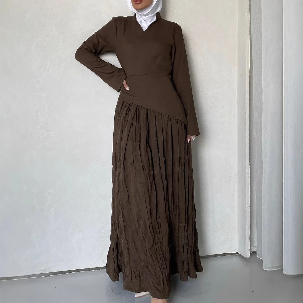 

Autumn New Muslim Women Solid Color Long Dress Wholesale Modest Brown Pleated Abays Dress for Women Abayas Robe