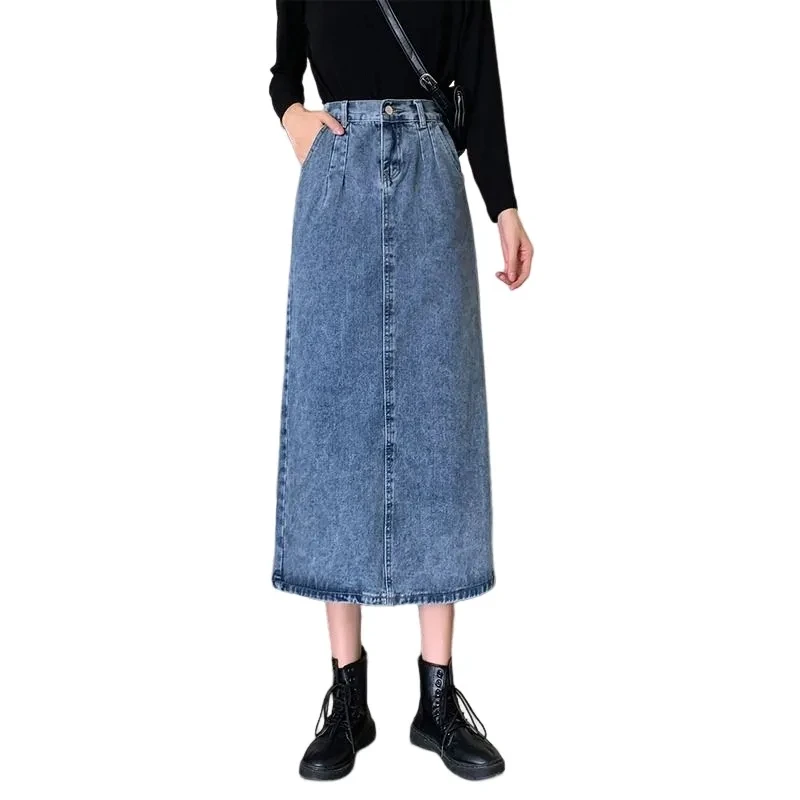 

Vintage High-Waisted Denim Skirt Women's Faldas Mid-Length Elastic Waist Slimming All-In-One A-Line Wrap Hip Slit Ropa De Mujer