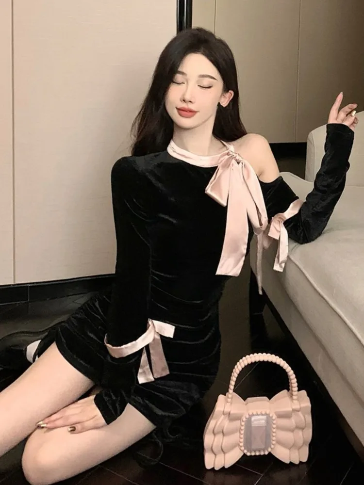 Autumn Black Pink Patchwork Off Shoulder Bow Lace-up Neck Velvet Dress WOmen Sexy Long Sleeve Elegant Pleated Mini Dress Fashion