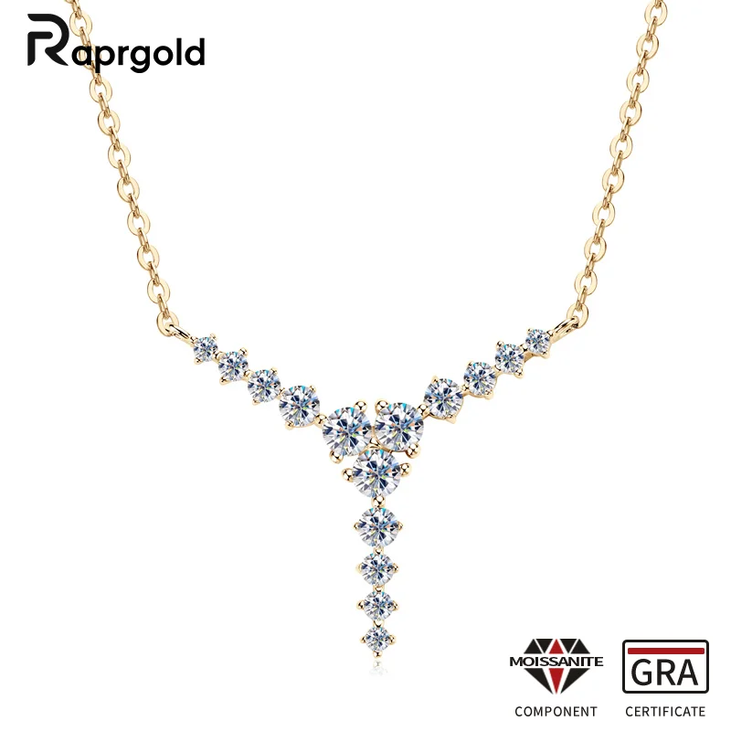 

RAPRGOLD Certified Round Moissanite Y-shaped Pendant Necklaces for Women 925 Sterling Silver Necklace Chains Fine Jewelry Gifts