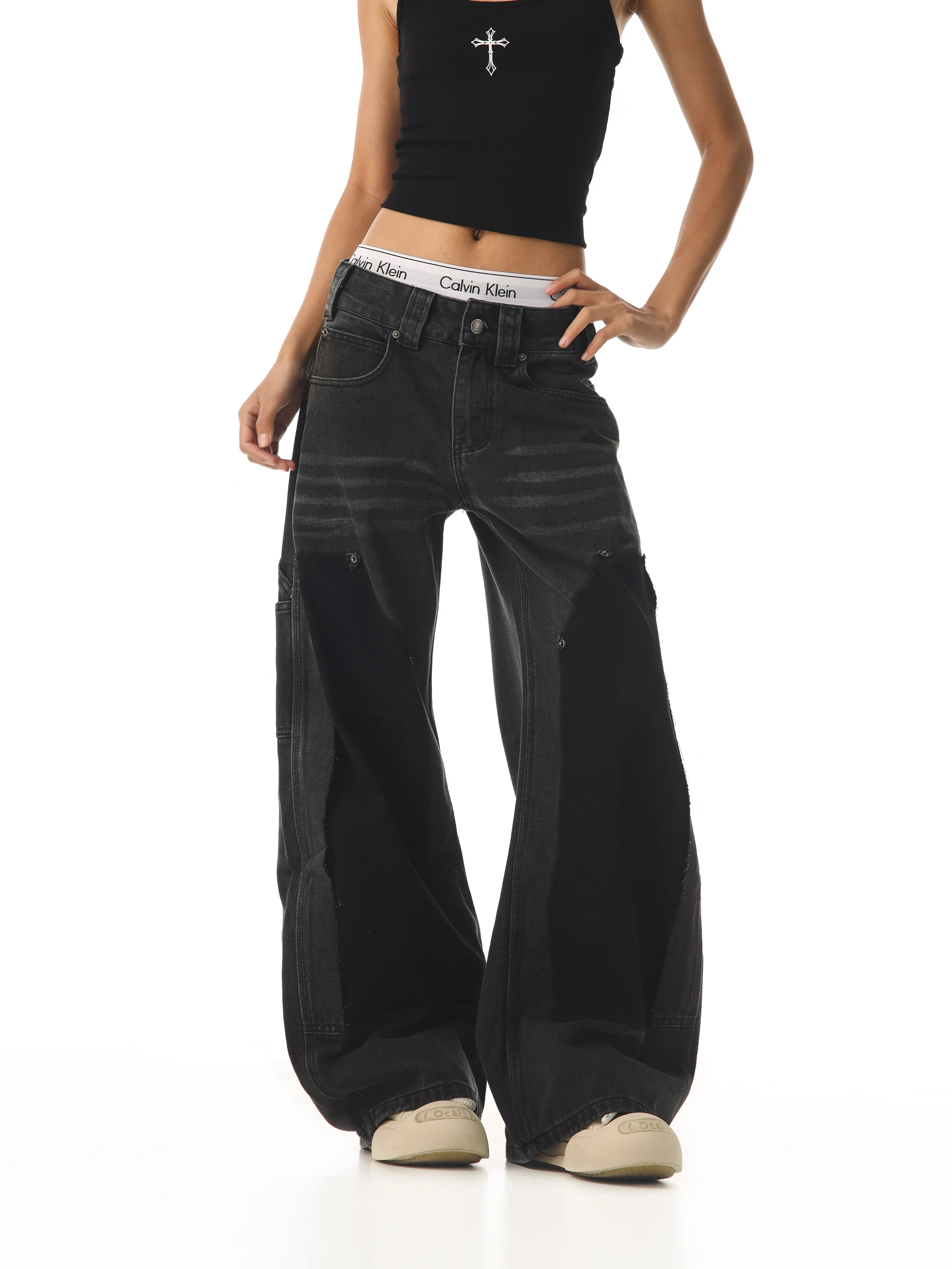 

Женские джинсы в стиле ретро с заклепками и нашивками, широкие, свободного кроя, повседневные, удобные, из денима, для женщин