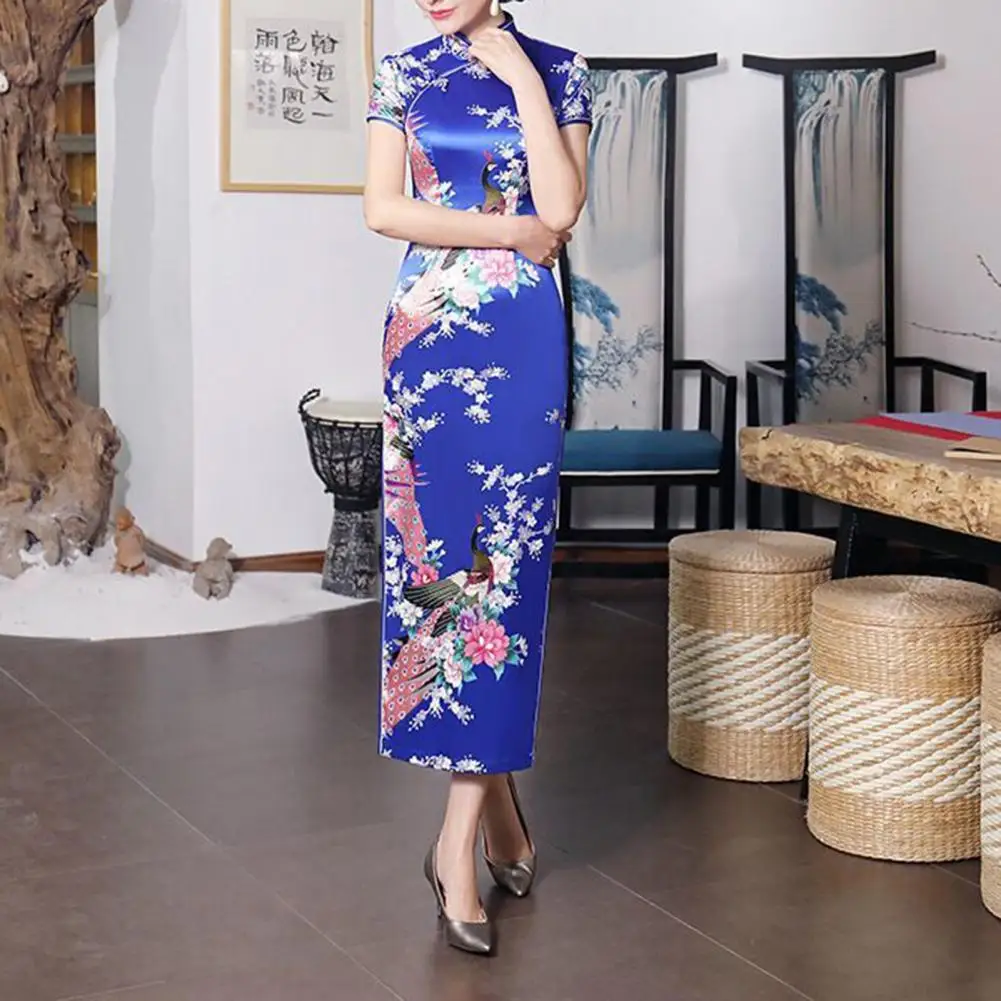 

Chinese Traditional Dress Slit Hem Qipao Floral Print Women Dress Chinese Knot Buttons Cheongsam Satin Silky Summer vestidos