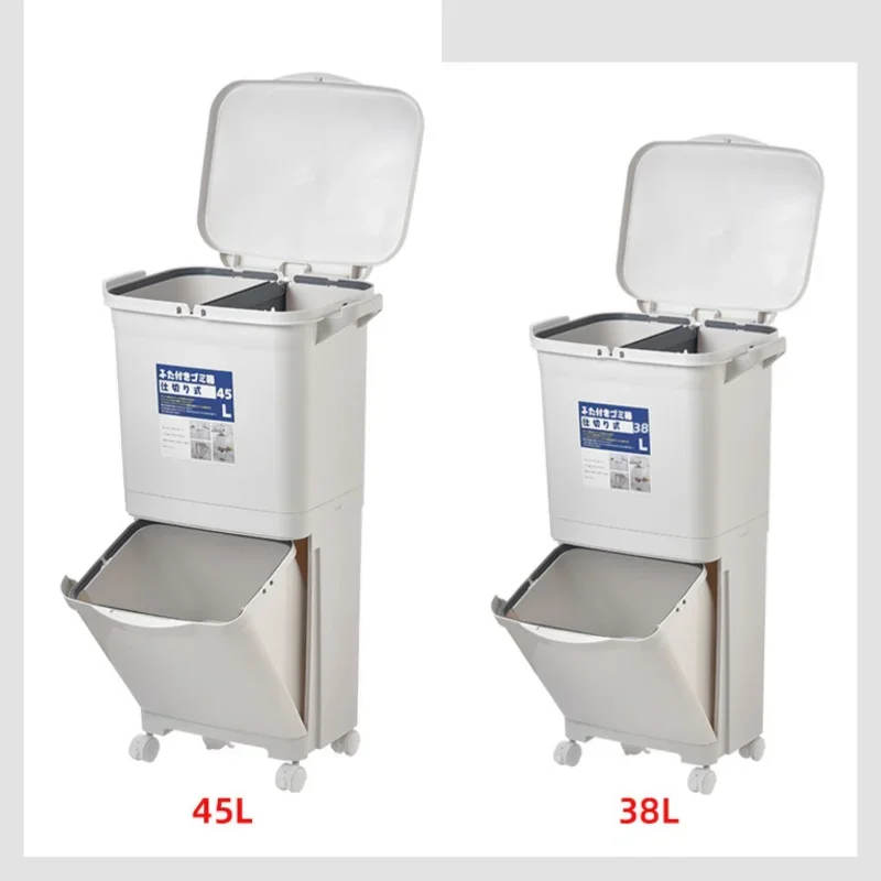 Convenient Garbage Bucket, Sorted Waste Bin with Wheel, Plastic Kitchen Trash Can, Corner Recycle Bin, Press Open Storage Bucket